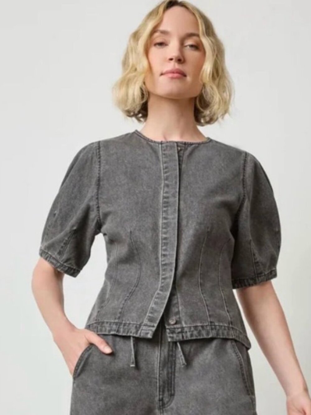 NWOT Lilla P Black/Grey Puff-Sleeve Denim Top
